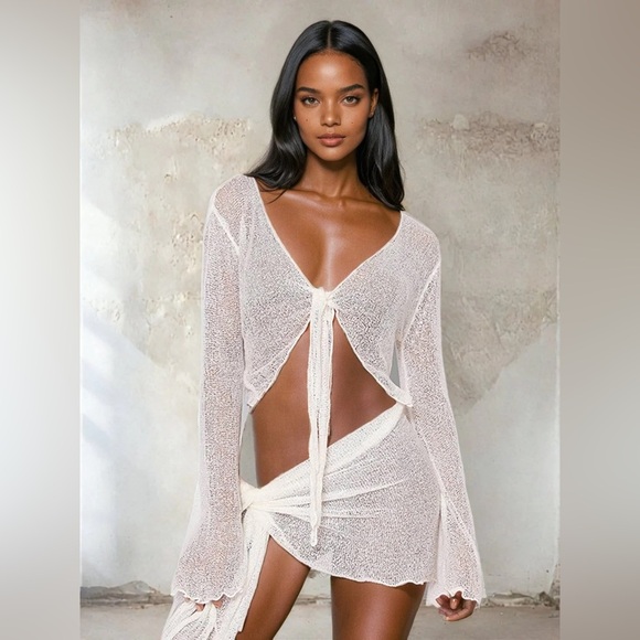 Tiger Mist White Purl Knit Tie Top Crop Top Long Sleeve Bikini Cover Cardigan S - Picture 5 of 5